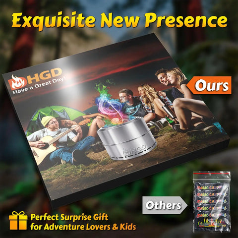 Color Changing Fire Packets for Campfires and Fire Pits 12 Pack Lit Rainbow Flames Safe Wood Compatible Indoor Outdoor Bonfire Accessory Perfect For Backyard Parties Camping Trips And Outdoor Gatherings, showing packaging with a group around a fire.