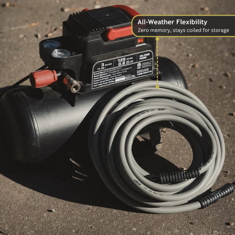Kink Free Hybrid Air Compressor Hose Three Eighth By Fifty Foot attached to a compact oil-free pump, showing flexibility and durability.