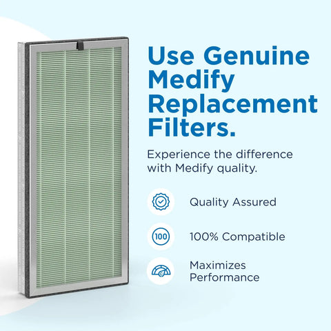 MA-40 Replacement Filter with pre-filter, true HEPA H14, activated carbon; text reads 'Use Genuine Medify Replacement Filters'.