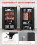 Open view of Beefy Rolling Metal Storage Cabinet With Five Adjustable Shelves Two Magnetic Doors and Two Keys Lockable Tool Organizer.