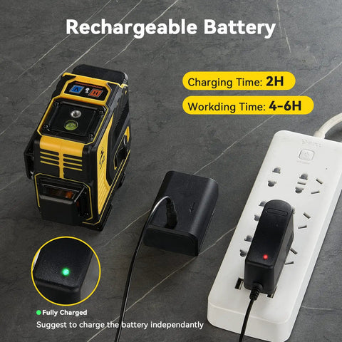 Self Leveling Laser Level With 3x360 3D Cross Lines Green Beam Rechargeable Layout Tool showing charging setup on power strip.