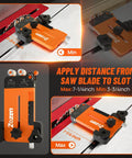 2 In 1 Thin Rip Jig With Feather Board For Table Saw, Reduces Kickback While Cutting Thin Strips, Fits Three Quarter Inch By Three Eighth Inch Slots, Includes Pro Grade Scale For Quick, Accurate Woodworking, shown in use and detailed close-ups.