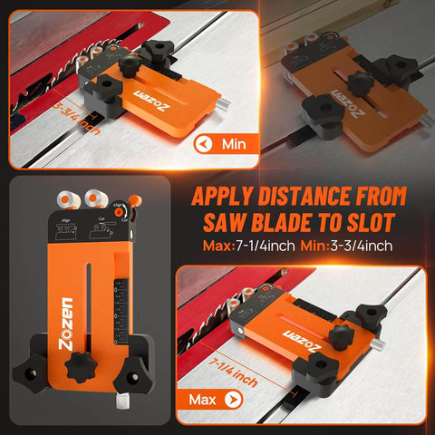 2 In 1 Thin Rip Jig With Feather Board For Table Saw, Reduces Kickback While Cutting Thin Strips, Fits Three Quarter Inch By Three Eighth Inch Slots, Includes Pro Grade Scale For Quick, Accurate Woodworking, shown in use and detailed close-ups.