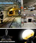 Heavy Duty 50ft LED Construction String Light Pro Grade 50W 6000 Lumens 18AWG Wire Linkable Work Lights in various job site settings.