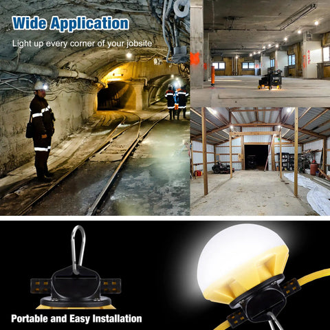 Heavy Duty 50ft LED Construction String Light Pro Grade 50W 6000 Lumens 18AWG Wire Linkable Work Lights in various job site settings.