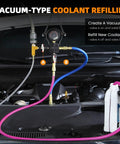 Pro Grade 33 Piece Cooling System Pressure Tester And Vacuum Refill Kit setup for vacuum-type coolant refilling in engine.