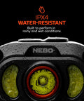 Close-up of Mycro 900 Lumen Headlamp With Turbo Mode Seven Light Modes water-resistant feature and lens in wet conditions.