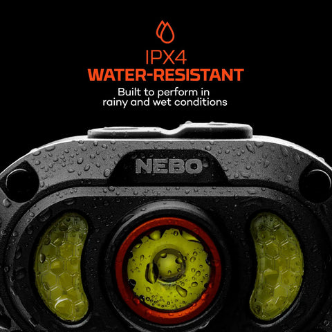 Close-up of Mycro 900 Lumen Headlamp With Turbo Mode Seven Light Modes water-resistant feature and lens in wet conditions.