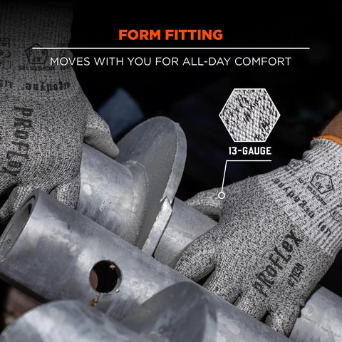 ProFlex 7030 Cut Resistant Work Gloves ANSI A3 with PU Coated Palms handling metal pipes for superior grip and dexterity.
