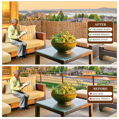 Privacy Bamboo Fence Roll For Outdoor Spaces Coffee Color 2.6x6.6ft with cable zip ties providing shade on balcony.