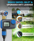 Programmable Hose Timer With Brass Swivel Fittings, Digital Irrigation Controller showing brass inlet and anti-leakage features
