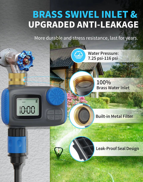 Programmable Hose Timer With Brass Swivel Fittings, Digital Irrigation Controller showing brass inlet and anti-leakage features