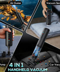Handheld Cordless Car Vacuum With 21000 Pa Suction Power for quick cleanups, shown in various uses including car seats and air pump.