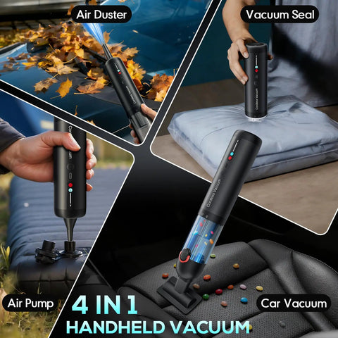 Handheld Cordless Car Vacuum With 21000 Pa Suction Power for quick cleanups, shown in various uses including car seats and air pump.