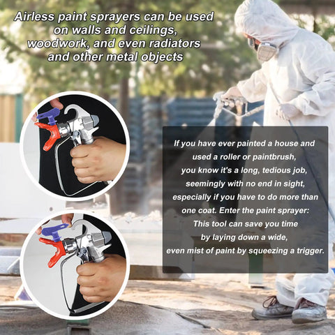 Heavy Duty Airless Paint Sprayer With Fifty Foot Hose And Three Swappable Tips Crush Exterior Painting Projects On Homes Fences And Decks Straight From The Paint Bucket Save Serious Sweat Equity And Get Her Done Quick, showcasing paint sprayer use.