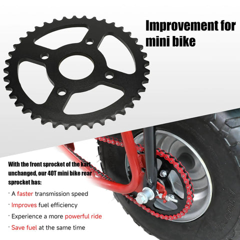 40T Sprocket 420 Chain Kit for Coleman and Predator mini bikes with installation visible, rear sprocket on mini bike wheel
