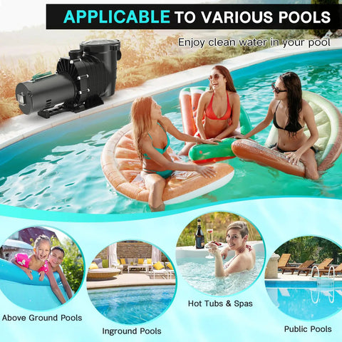 Heavy Duty 1.5 HP Pool Pump 115V 230V Dual Voltage 600GPH with women enjoying swimming in various pools.