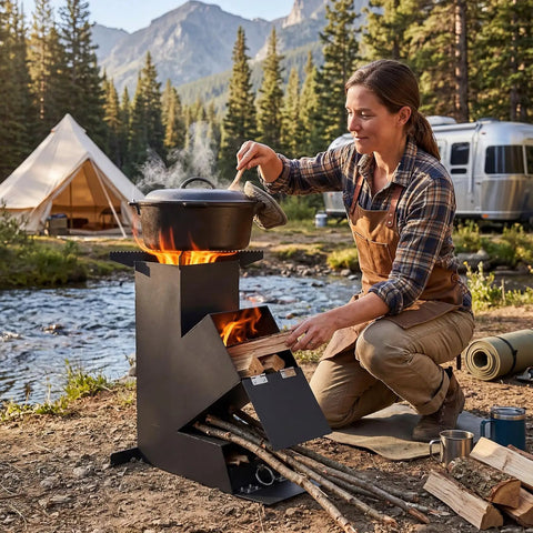 Woman cooking on Rocket Stove For Camping And Outdoor Cooking Portable Wood Burning Stove With Storage Bag 15 Inch High Efficiency Outdoor Stove For Backyard BBQs Picnics And Events Heavy Duty 8.8 Lb