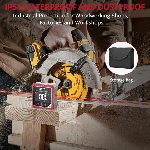 4-Side Magnetic Digital Angle Finder With Laser Helping Pros And DIYers Nail Tricky Angles With Blazing Speed on workbench with circular saw.