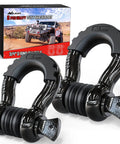2 Pack 3/4 Inch D Ring Shackle Heavy Duty Off Road Recovery Shackles 4.75 Ton 9500 Lbs Capacity With 7/8 Inch Screw Pin Isolators And Washer Kit For Jeep Truck Vehicle Black, shown with box and two black shackles