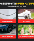 Heavy Duty Stainless Steel Garden Hose With Nozzle, Kink Free And Rust Resistant, Flexible And Lightweight Water Hose with dog biting, in garden.
