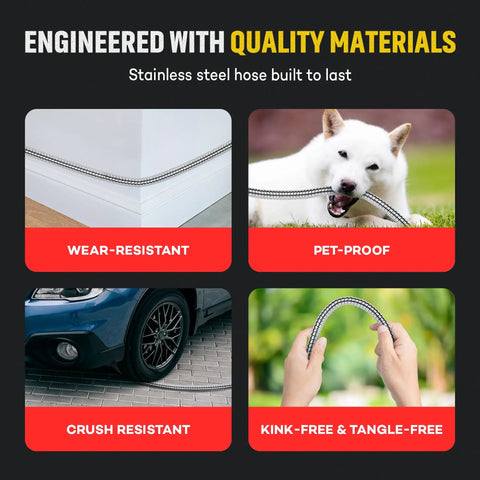 Heavy Duty Stainless Steel Garden Hose With Nozzle, Kink Free And Rust Resistant, Flexible And Lightweight Water Hose with dog biting, in garden.