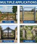 Multiple types of gates including farm gate, chain link fence, driveway gate, and garden gate for outdoor use with Heavy Duty Gate Hinges 2 Pack 304 Stainless Steel With Painted Coating Rock Solid Rust Resistant Outdoor Hardware Tough As Nails 5/8 Inch Pin Screws Included For Fence Gate Setup.