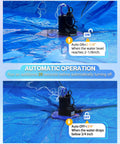Heavy Duty 1HP Automatic Pool Cover Pump Delivers 3500 GPH in action on a blue tarp with water, showcasing automatic operation features.