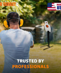 Person aiming at American Made Beefy AR500 Steel Target Sniper Style Silhouette 12 By 20 Inch with 6 Inch Center Paddle