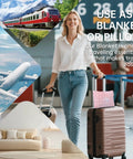 Woman with luggage showcasing Two In One Travel Blanket And Pillow Ultra Soft And Compact For Airplane Travel With Luggage Strap And Clip Pink.