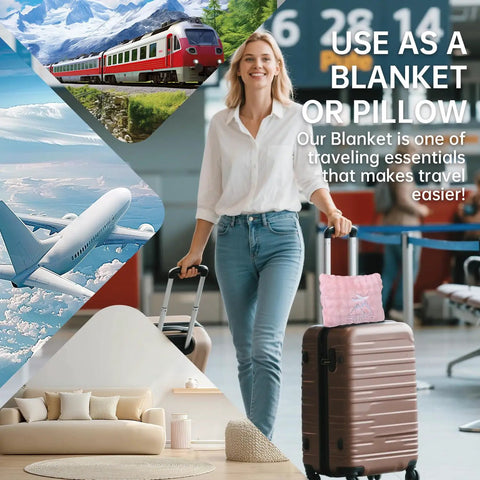 Woman with luggage showcasing Two In One Travel Blanket And Pillow Ultra Soft And Compact For Airplane Travel With Luggage Strap And Clip Pink.