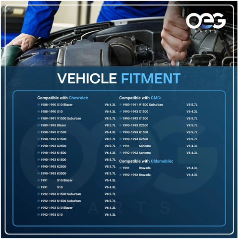 Mechanic working on engine with vehicle fitment chart for Chevrolet, GMC, Oldsmobile models and years listed.