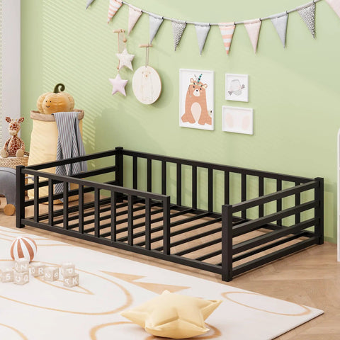 Toddler Floor Bed With Guardrails And Door Kid Friendly Twin Size Montessori Bed For Two To Five Year Olds Low Profile