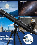 High Powered 90mm Refractor Telescope For Adults With 900mm Focal Length, 36X To 270X Zoom, versatile uses displayed