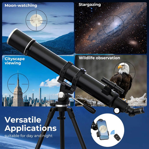 High Powered 90mm Refractor Telescope For Adults With 900mm Focal Length, 36X To 270X Zoom, versatile uses displayed