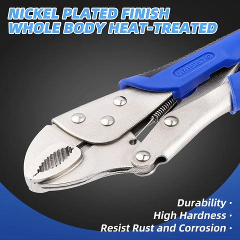 Heavy Duty 10 Inch Locking Pliers With Curved Jaw, Wire Cutter, Quick Release, One Handed Release, Alloy Steel Construction, Nickel Plated