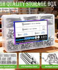 Pro Grade Hex Washer Head Self Drilling Screws And Tapping Fasteners From Tough 410 Stainless Steel With 300 Piece Assorted Kit Plus Matching Washers In A Clear Case showing assorted screws and washers organized neatly.