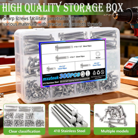 Pro Grade Hex Washer Head Self Drilling Screws And Tapping Fasteners From Tough 410 Stainless Steel With 300 Piece Assorted Kit Plus Matching Washers In A Clear Case showing assorted screws and washers organized neatly.