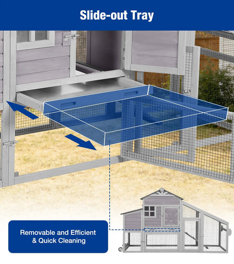 Slide-out tray feature of Movable Chicken Coop With Wheels For Easy Backyard Maneuvering No Hassle Setup Large Wooden Hen House