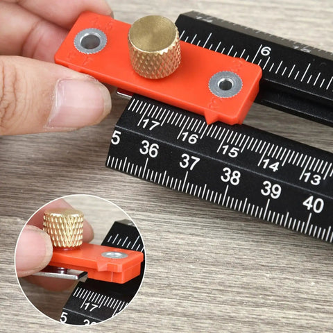 Detailed view of T Shaped Cabinet Pull Jig For Hit The Mark Drill Alignment showing measurement scale and adjustment knob.