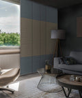 99.99 Percent Blackout Vertical Blinds With Extendable Track, installed, denim stitch fabric, adjustable height up to 96 inches