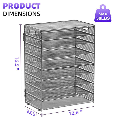 9 Tier Mesh Paper Organizer With Portable Handle, Desk File Sorter dimensions shown with 16.5x12.6x9.06 inches in gray