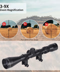 Rifle Scope 3-9x40 SFP With R4 Crosshair Reticle And Ring Mounts showing zoom magnification effects on hay bales