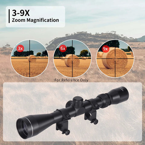 Rifle Scope 3-9x40 SFP With R4 Crosshair Reticle And Ring Mounts showing zoom magnification effects on hay bales