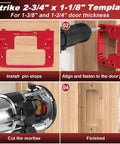Heavy Duty Precision Aluminum Door Latch And Strike Plate Mortise Tool And Router Template Jig, Strike guide template with measurements on red aluminum.