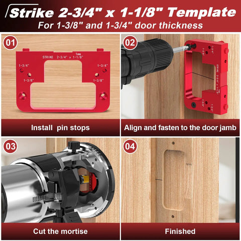 Heavy Duty Precision Aluminum Door Latch And Strike Plate Mortise Tool And Router Template Jig, Strike guide template with measurements on red aluminum.