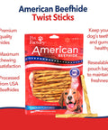 American Beefhide Twist Sticks For Dogs 5 Inch Rawhide Dental Chews With Chicken Flavor pack with red, white, and blue label