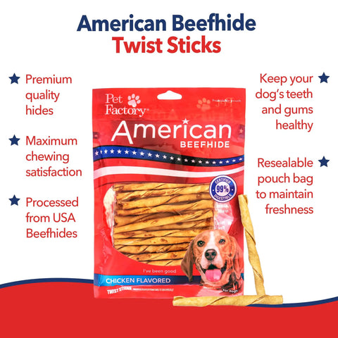 American Beefhide Twist Sticks For Dogs 5 Inch Rawhide Dental Chews With Chicken Flavor pack with red, white, and blue label