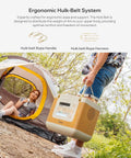 Person carrying 1500Wh Portable Power Station With 1800W Continuous And 3300W Surge, IP67 Solar Generator near a camping tent.