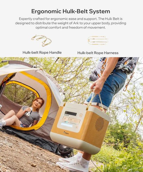 Person carrying 1500Wh Portable Power Station With 1800W Continuous And 3300W Surge, IP67 Solar Generator near a camping tent.